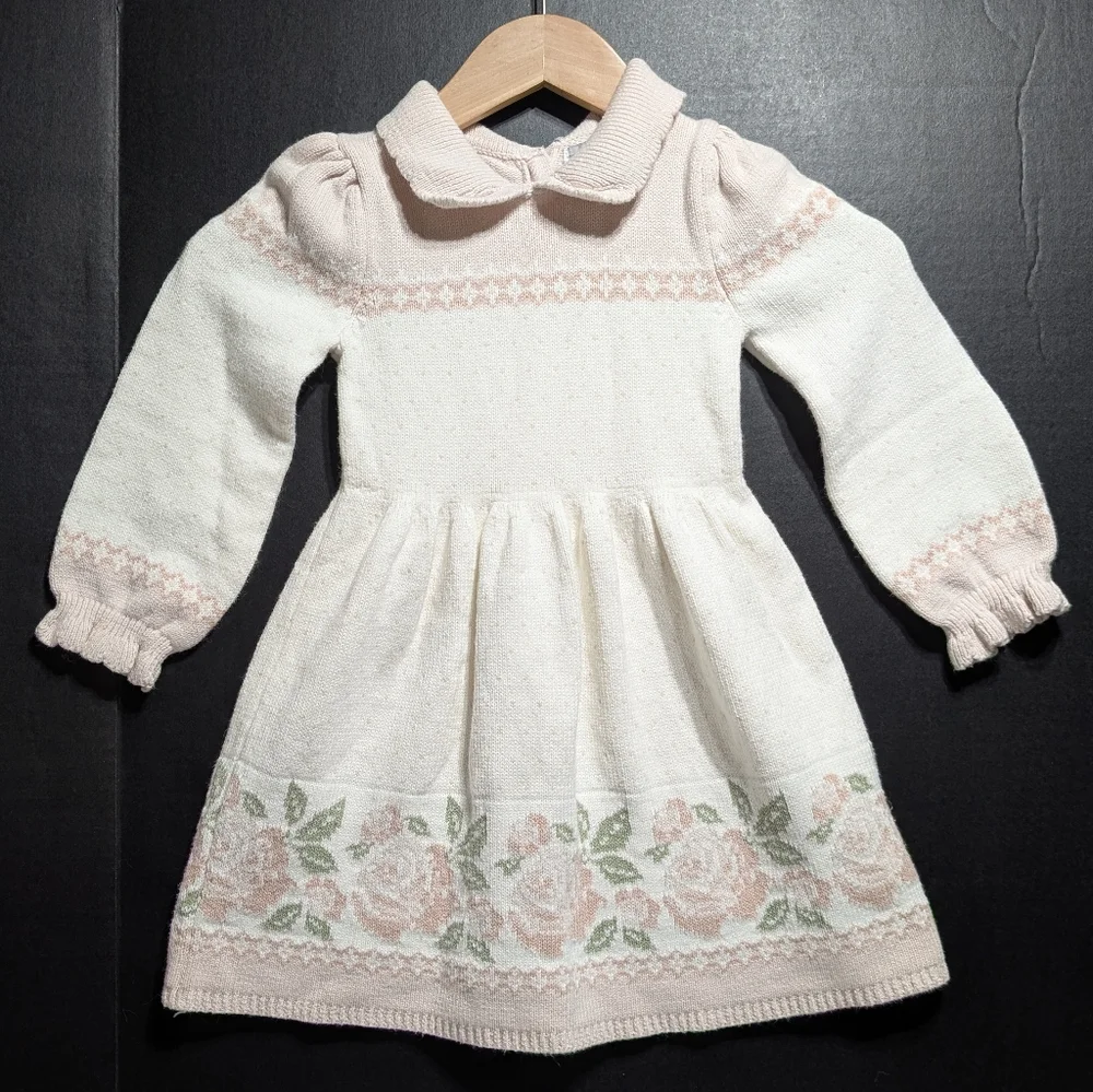 cupcakes and cashmere Girls 3T Cream Pink Floral Long Sleeve Knit Sweater Dress
